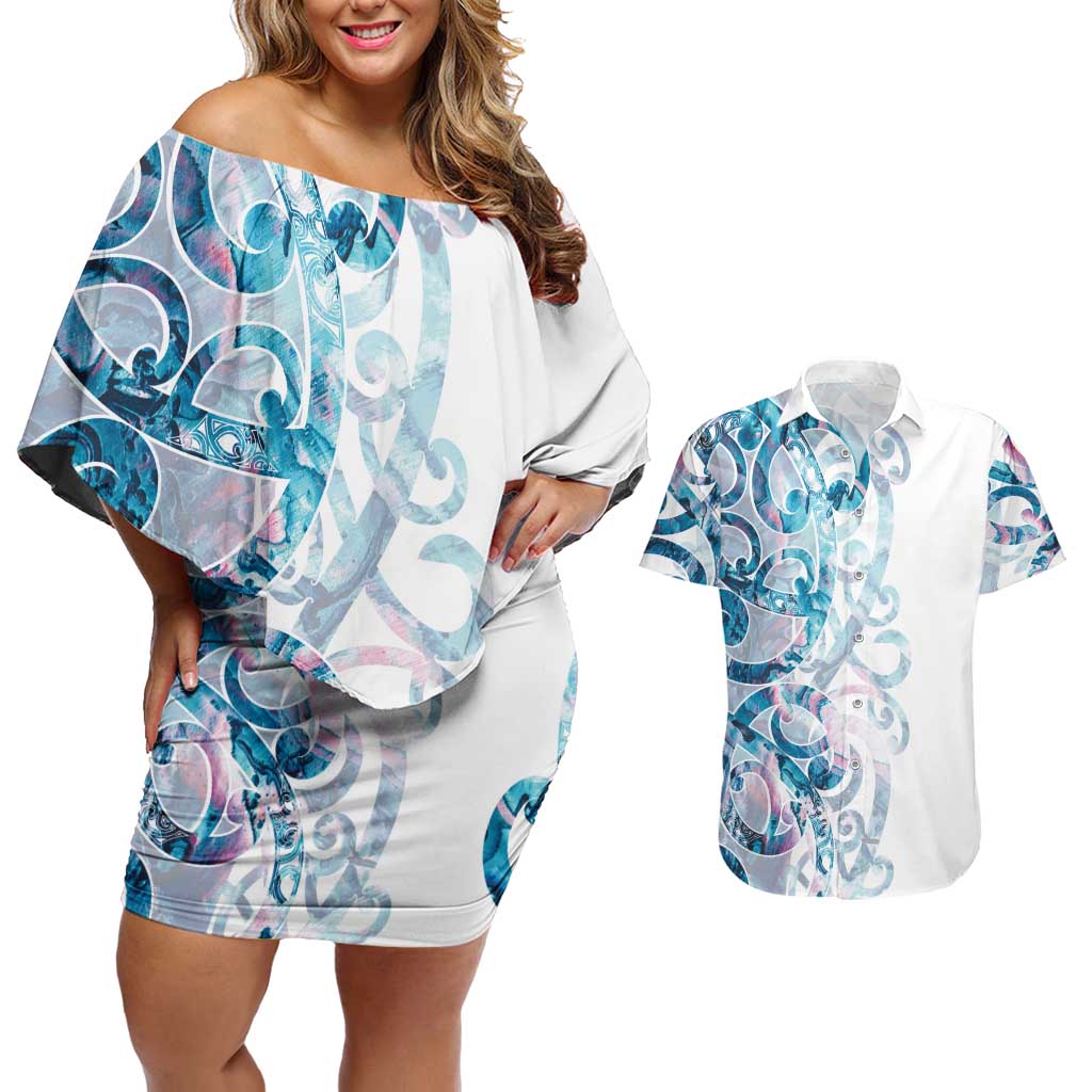 Turquoise Paua Shell Maori Couples Matching Off Shoulder Short Dress and Hawaiian Shirt Koru Kowhaiwhai - Aussie Hoodie