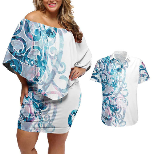 Turquoise Paua Shell Maori Couples Matching Off Shoulder Short Dress and Hawaiian Shirt Koru Kowhaiwhai - Aussie Hoodie