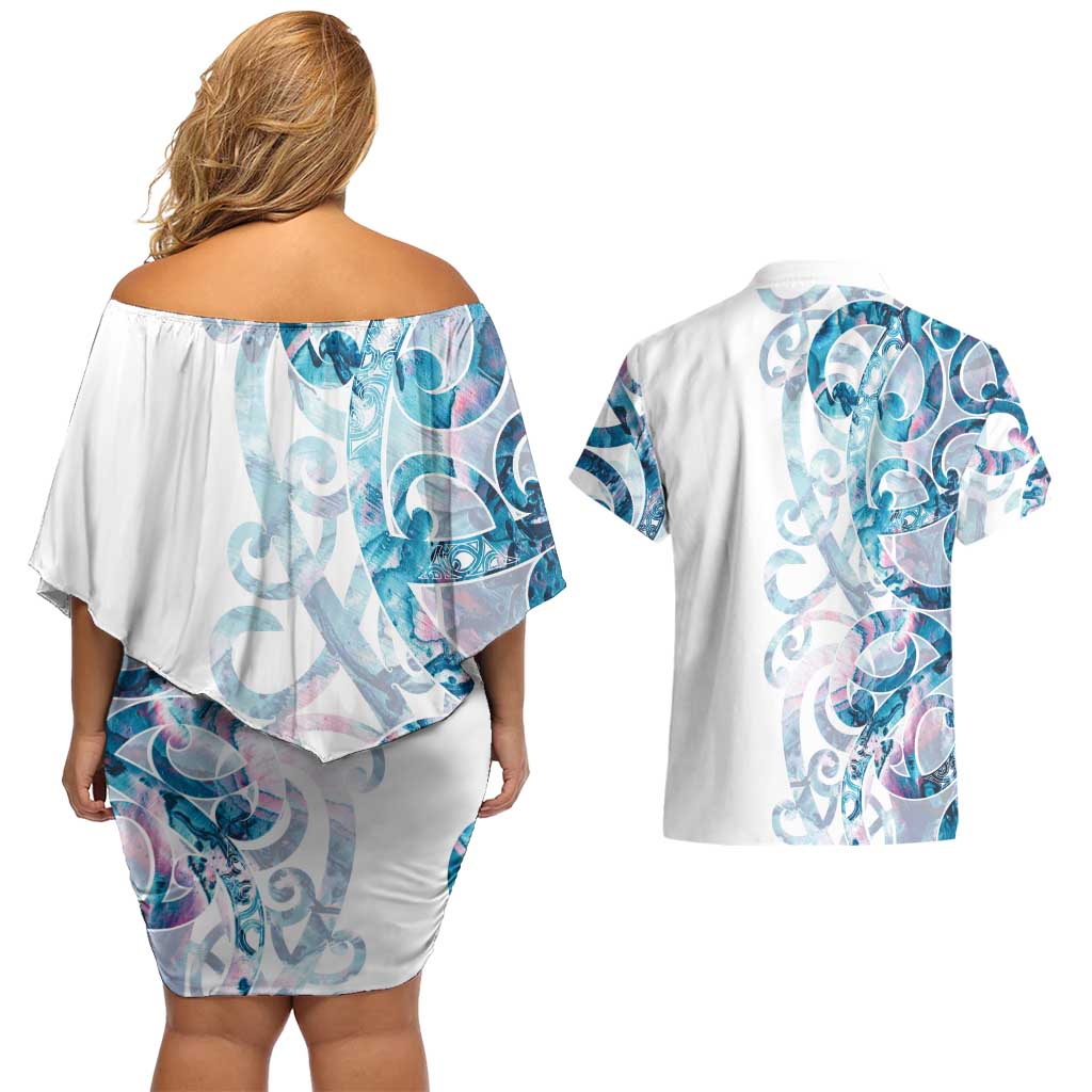 Turquoise Paua Shell Maori Couples Matching Off Shoulder Short Dress and Hawaiian Shirt Koru Kowhaiwhai - Aussie Hoodie