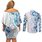 Turquoise Paua Shell Maori Couples Matching Off Shoulder Short Dress and Long Sleeve Button Shirt Koru Kowhaiwhai - Aussie Hoodie