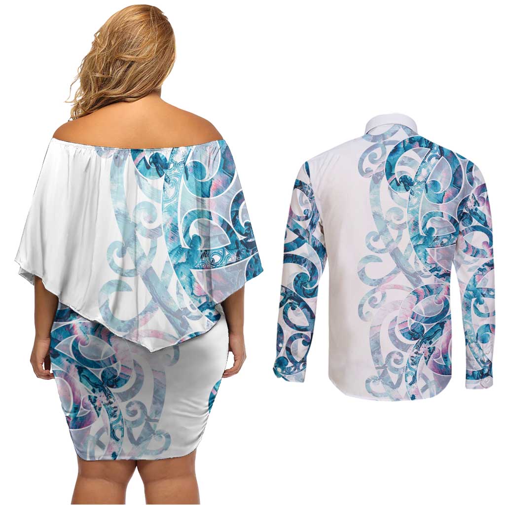 Turquoise Paua Shell Maori Couples Matching Off Shoulder Short Dress and Long Sleeve Button Shirt Koru Kowhaiwhai - Aussie Hoodie