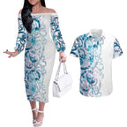 Turquoise Paua Shell Maori Couples Matching Off The Shoulder Long Sleeve Dress and Hawaiian Shirt Koru Kowhaiwhai - Aussie Hoodie