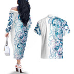 Turquoise Paua Shell Maori Couples Matching Off The Shoulder Long Sleeve Dress and Hawaiian Shirt Koru Kowhaiwhai - Aussie Hoodie