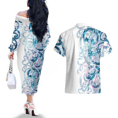 Turquoise Paua Shell Maori Couples Matching Off The Shoulder Long Sleeve Dress and Hawaiian Shirt Koru Kowhaiwhai - Aussie Hoodie