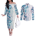 Turquoise Paua Shell Maori Couples Matching Off The Shoulder Long Sleeve Dress and Long Sleeve Button Shirt Koru Kowhaiwhai - Aussie Hoodie