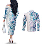 Turquoise Paua Shell Maori Couples Matching Off The Shoulder Long Sleeve Dress and Long Sleeve Button Shirt Koru Kowhaiwhai - Aussie Hoodie