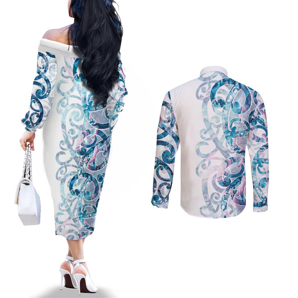 Turquoise Paua Shell Maori Couples Matching Off The Shoulder Long Sleeve Dress and Long Sleeve Button Shirt Koru Kowhaiwhai - Aussie Hoodie