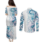Turquoise Paua Shell Maori Couples Matching Puletasi and Long Sleeve Button Shirt Koru Kowhaiwhai - Aussie Hoodie