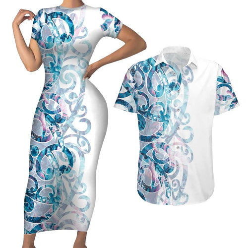 Turquoise Paua Shell Maori Couples Matching Short Sleeve Bodycon Dress and Hawaiian Shirt Koru Kowhaiwhai - Aussie Hoodie