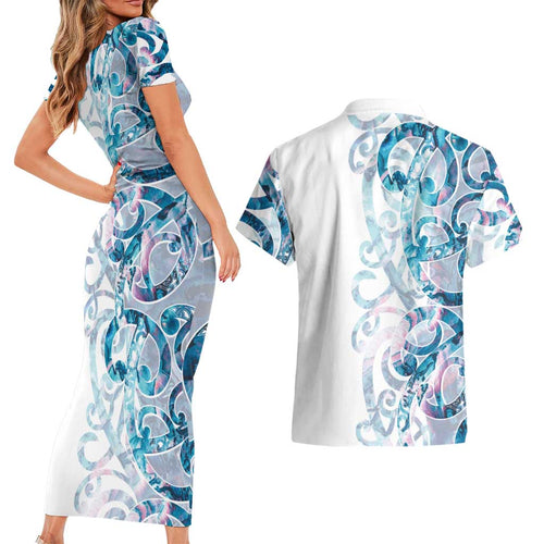 Turquoise Paua Shell Maori Couples Matching Short Sleeve Bodycon Dress and Hawaiian Shirt Koru Kowhaiwhai - Aussie Hoodie