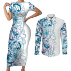 Turquoise Paua Shell Maori Couples Matching Short Sleeve Bodycon Dress and Long Sleeve Button Shirt Koru Kowhaiwhai - Aussie Hoodie