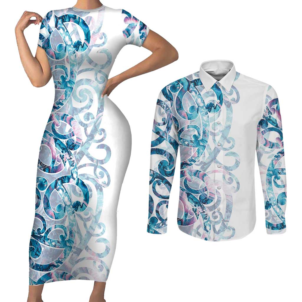 Turquoise Paua Shell Maori Couples Matching Short Sleeve Bodycon Dress and Long Sleeve Button Shirt Koru Kowhaiwhai - Aussie Hoodie