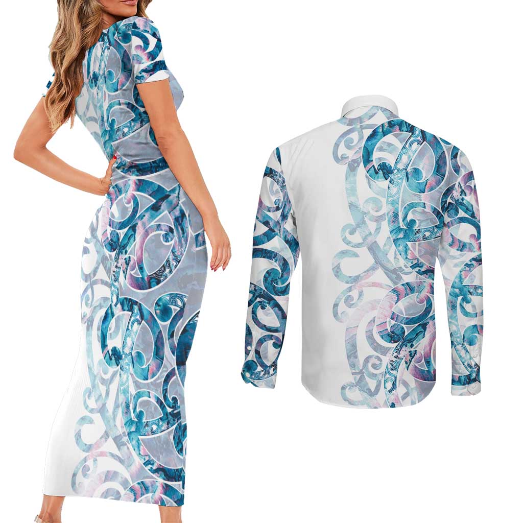 Turquoise Paua Shell Maori Couples Matching Short Sleeve Bodycon Dress and Long Sleeve Button Shirt Koru Kowhaiwhai - Aussie Hoodie