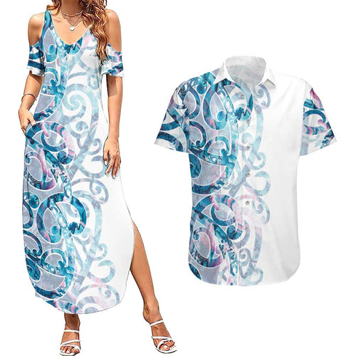 Turquoise Paua Shell Maori Couples Matching Summer Maxi Dress and Hawaiian Shirt Koru Kowhaiwhai - Aussie Hoodie