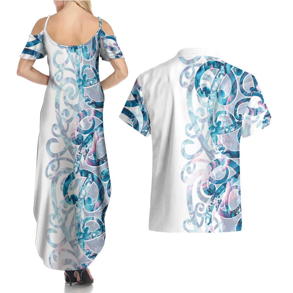 Turquoise Paua Shell Maori Couples Matching Summer Maxi Dress and Hawaiian Shirt Koru Kowhaiwhai - Aussie Hoodie
