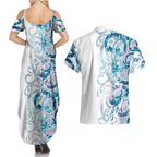 Turquoise Paua Shell Maori Couples Matching Summer Maxi Dress and Hawaiian Shirt Koru Kowhaiwhai - Aussie Hoodie