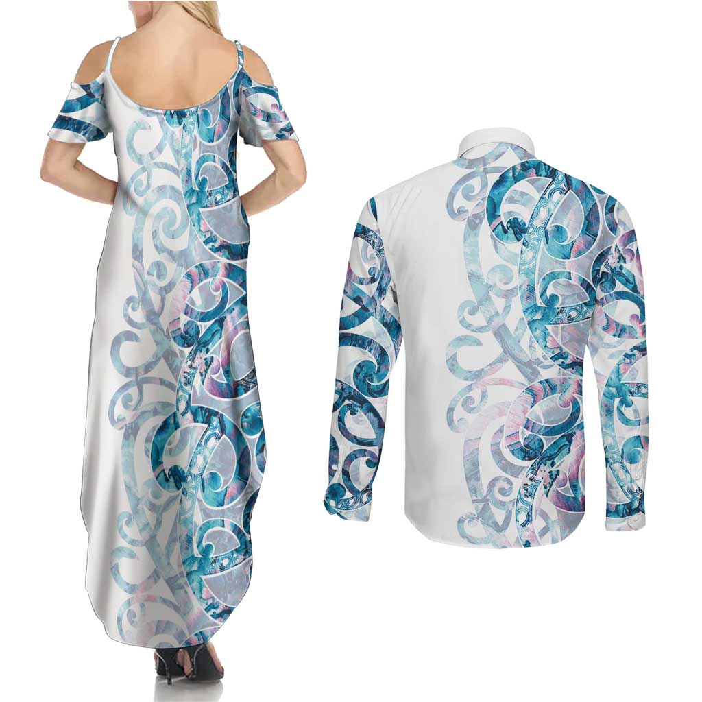 Turquoise Paua Shell Maori Couples Matching Summer Maxi Dress and Long Sleeve Button Shirt Koru Kowhaiwhai - Aussie Hoodie