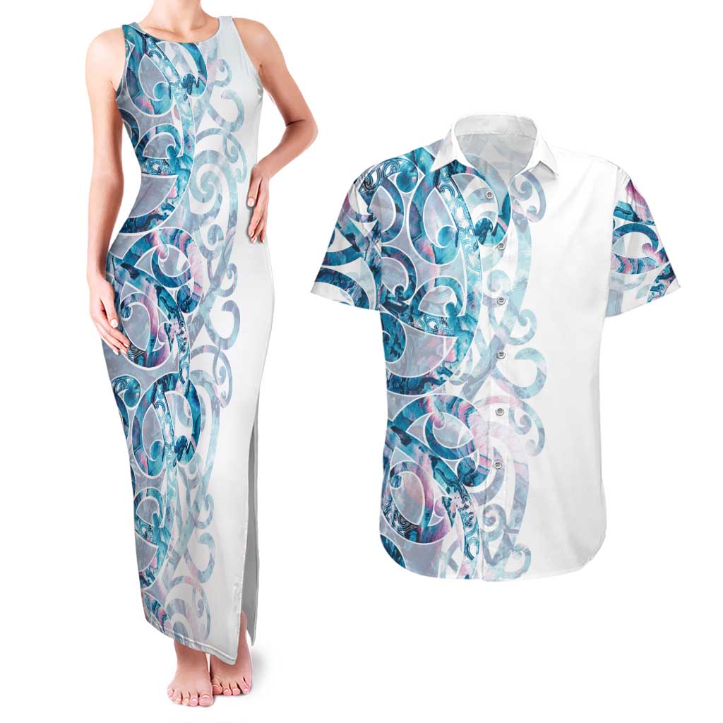 Turquoise Paua Shell Maori Couples Matching Tank Maxi Dress and Hawaiian Shirt Koru Kowhaiwhai - Aussie Hoodie