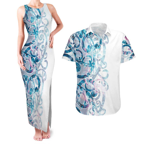 Turquoise Paua Shell Maori Couples Matching Tank Maxi Dress and Hawaiian Shirt Koru Kowhaiwhai - Aussie Hoodie