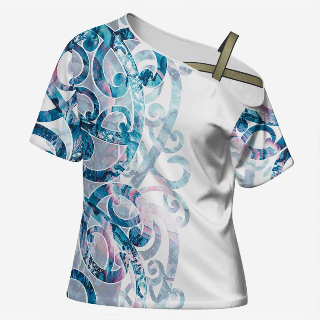 Turquoise Paua Shell Maori Cross Shoulder Shirt Koru Kowhaiwhai - Aussie Hoodie