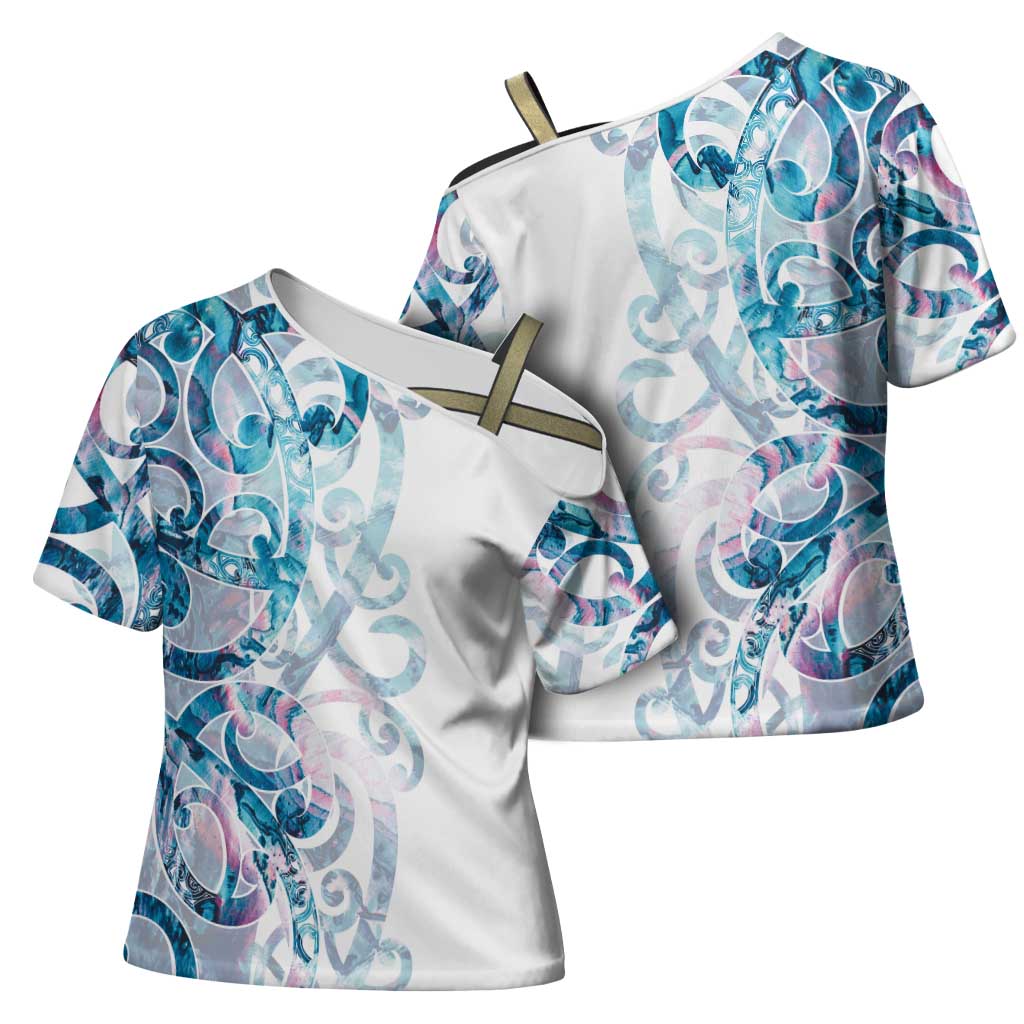 Turquoise Paua Shell Maori Cross Shoulder Shirt Koru Kowhaiwhai - Aussie Hoodie