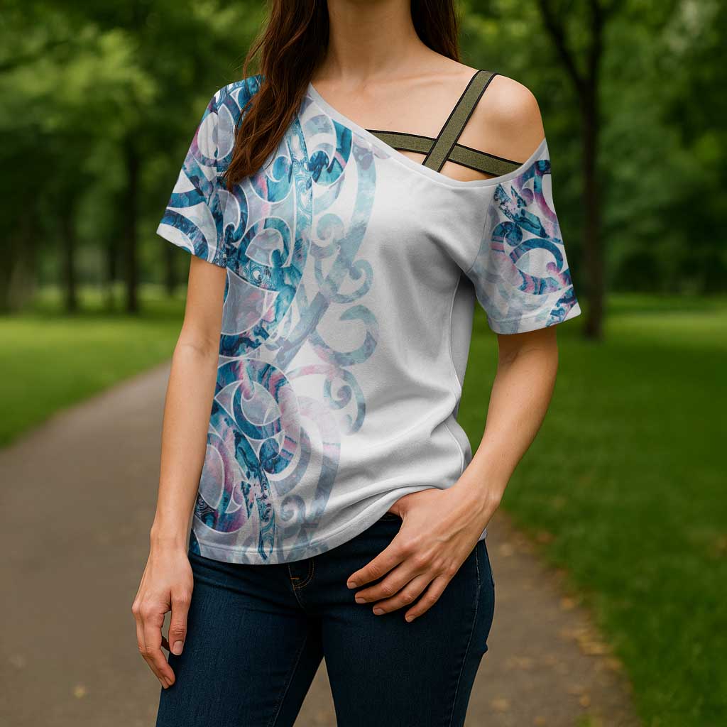 Turquoise Paua Shell Maori Cross Shoulder Shirt Koru Kowhaiwhai - Aussie Hoodie