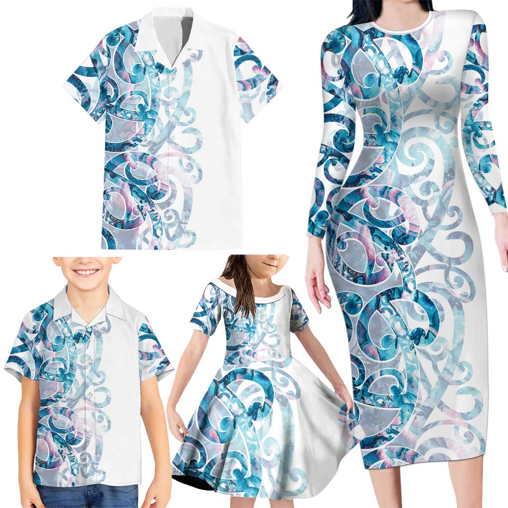 Turquoise Paua Shell Maori Family Matching Long Sleeve Bodycon Dress and Hawaiian Shirt Koru Kowhaiwhai - Aussie Hoodie
