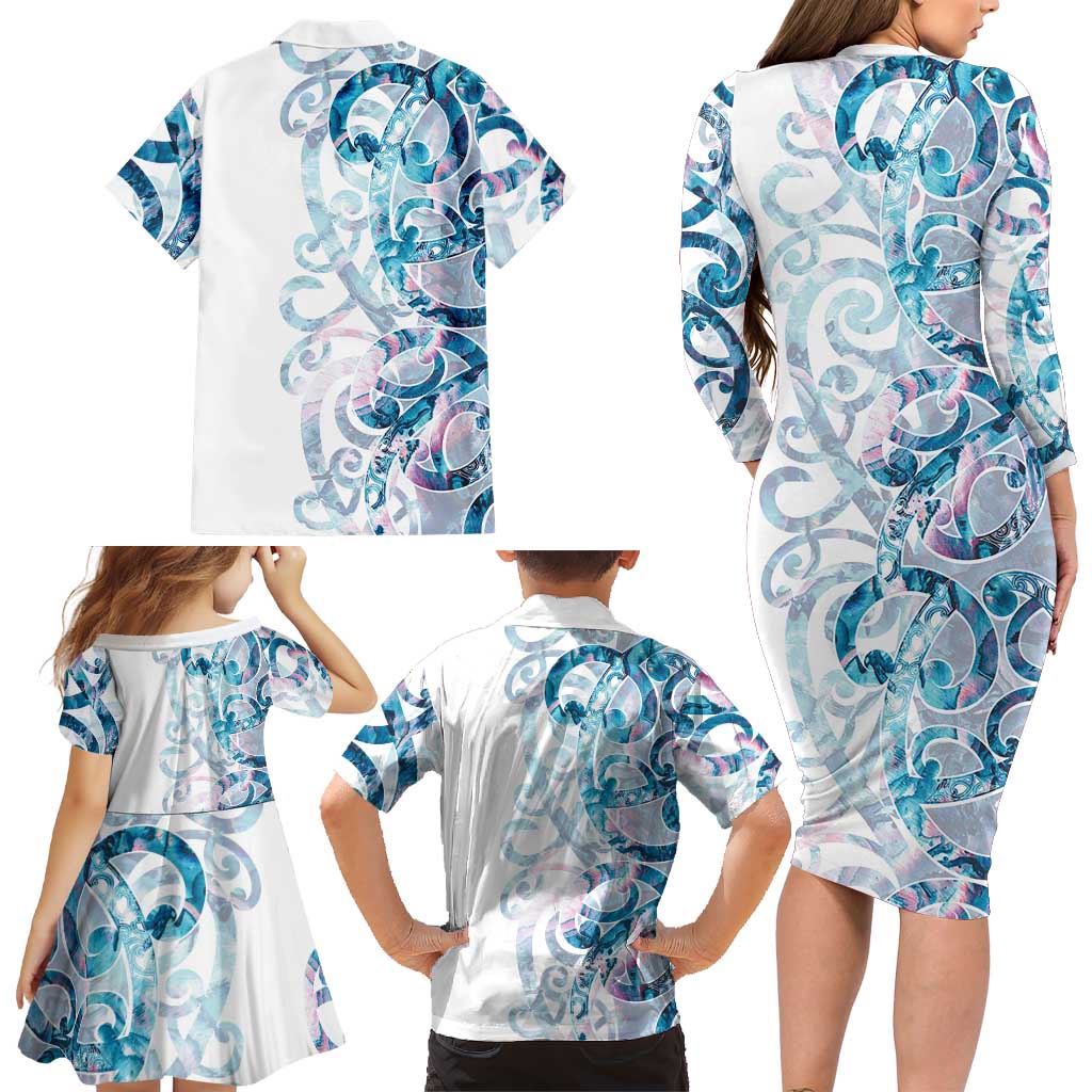 Turquoise Paua Shell Maori Family Matching Long Sleeve Bodycon Dress and Hawaiian Shirt Koru Kowhaiwhai - Aussie Hoodie