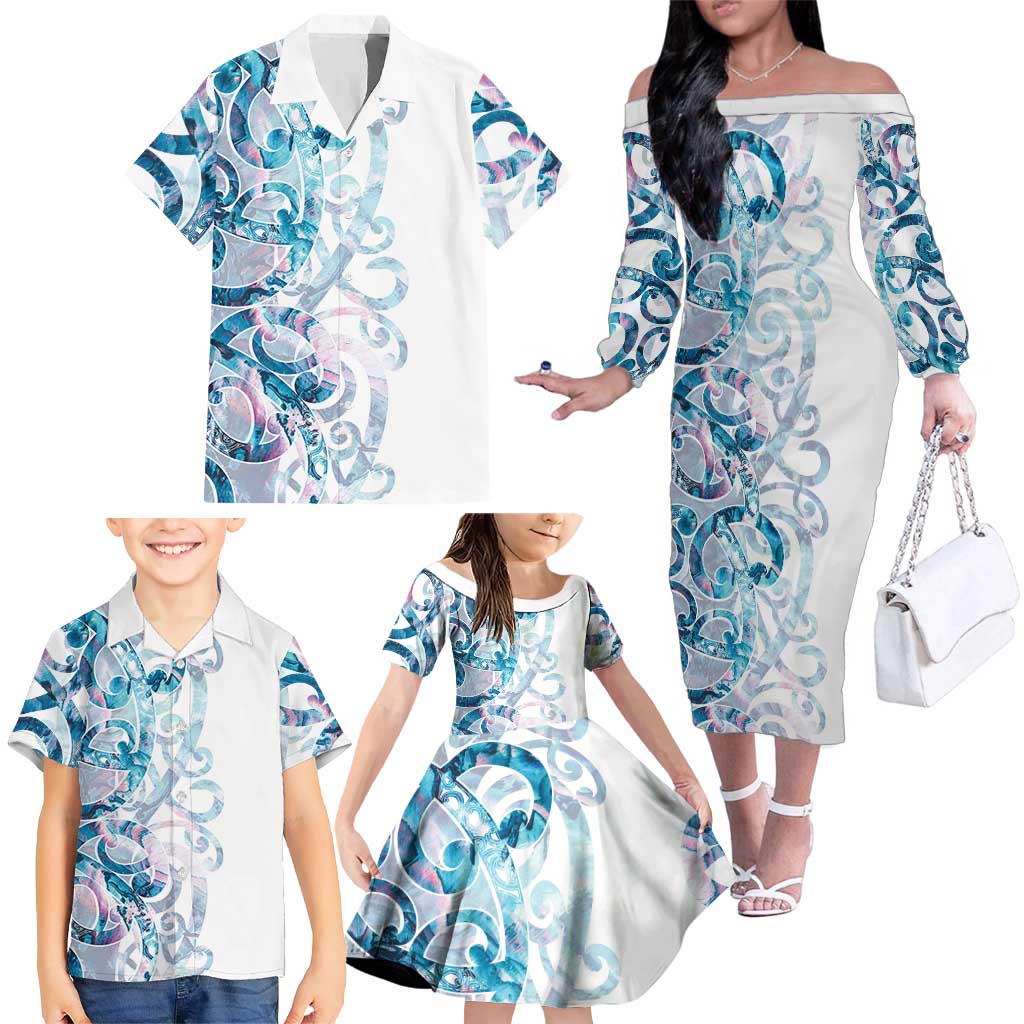 Turquoise Paua Shell Maori Family Matching Off The Shoulder Long Sleeve Dress and Hawaiian Shirt Koru Kowhaiwhai - Aussie Hoodie