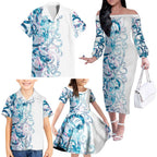 Turquoise Paua Shell Maori Family Matching Off The Shoulder Long Sleeve Dress and Hawaiian Shirt Koru Kowhaiwhai - Aussie Hoodie