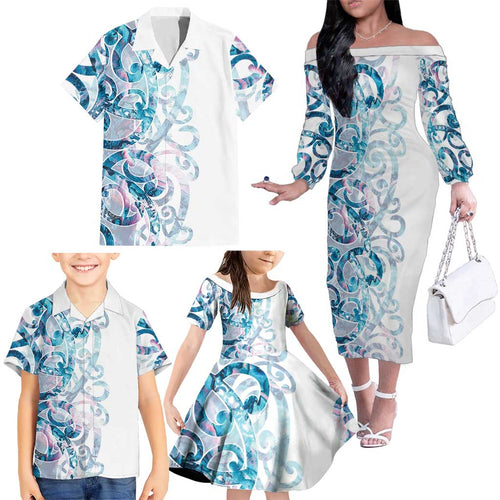 Turquoise Paua Shell Maori Family Matching Off The Shoulder Long Sleeve Dress and Hawaiian Shirt Koru Kowhaiwhai - Aussie Hoodie