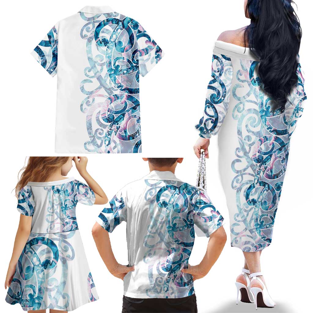 Turquoise Paua Shell Maori Family Matching Off The Shoulder Long Sleeve Dress and Hawaiian Shirt Koru Kowhaiwhai - Aussie Hoodie