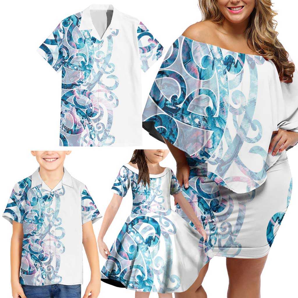 Turquoise Paua Shell Maori Family Matching Off Shoulder Short Dress and Hawaiian Shirt Koru Kowhaiwhai - Aussie Hoodie