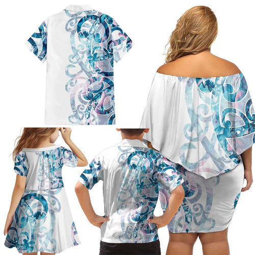 Turquoise Paua Shell Maori Family Matching Off Shoulder Short Dress and Hawaiian Shirt Koru Kowhaiwhai - Aussie Hoodie