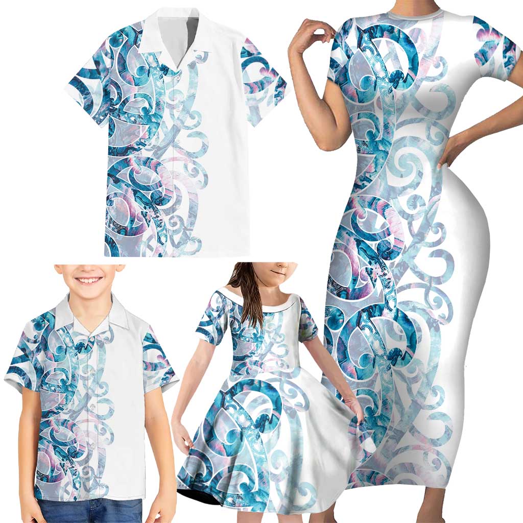 Turquoise Paua Shell Maori Family Matching Short Sleeve Bodycon Dress and Hawaiian Shirt Koru Kowhaiwhai - Aussie Hoodie