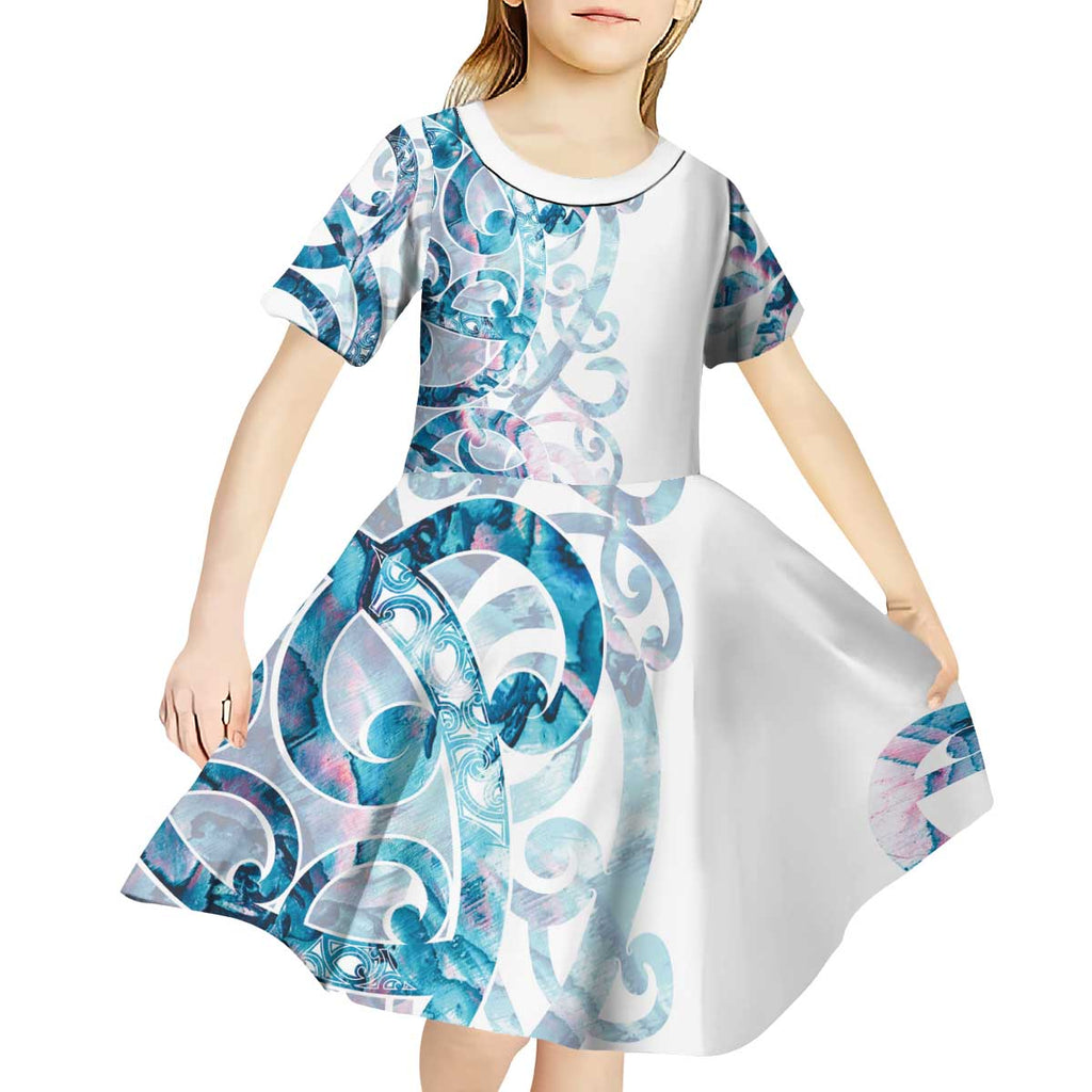 Turquoise Paua Shell Maori Kid Short Sleeve Dress Koru Kowhaiwhai - Aussie Hoodie