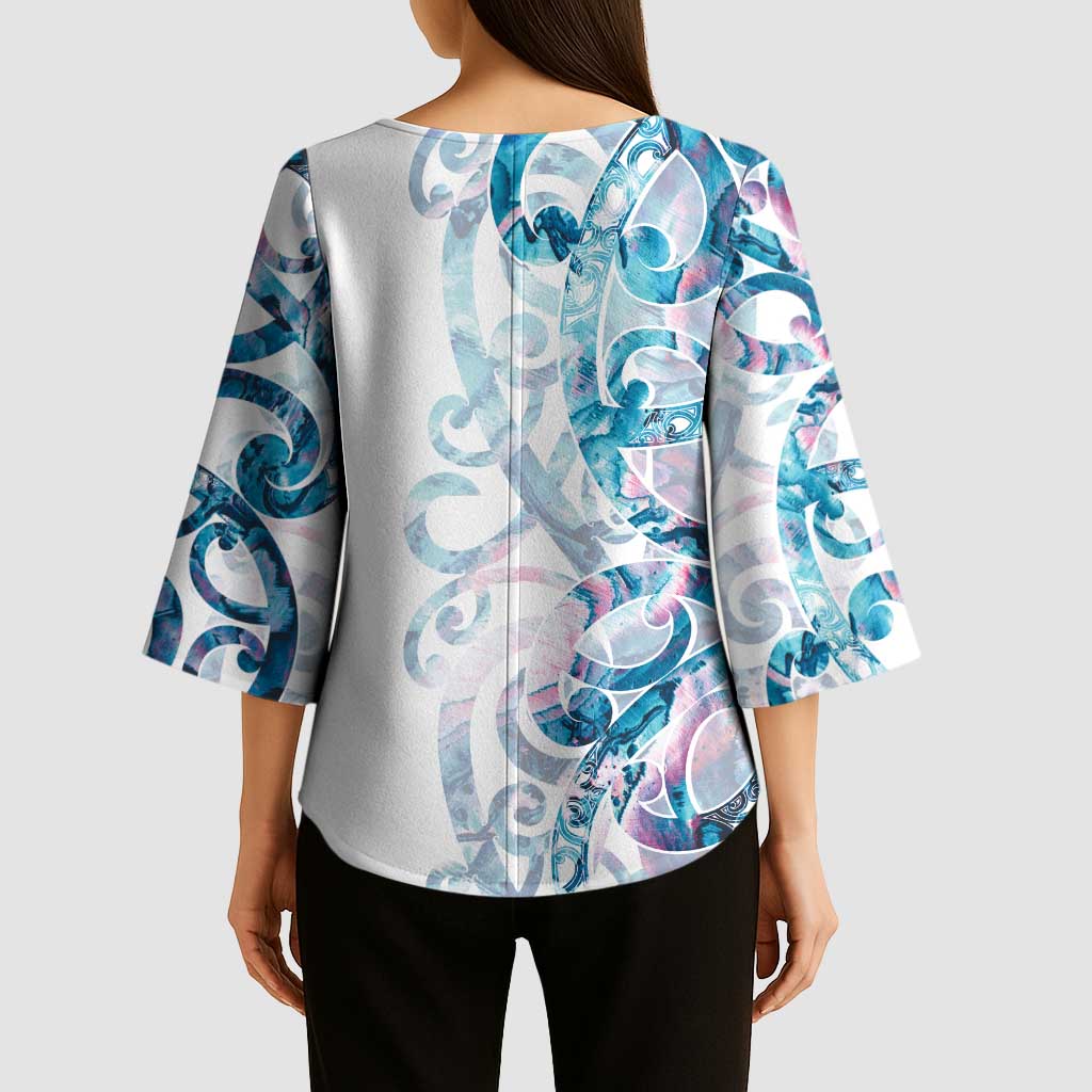 Turquoise Paua Shell Maori Kimono Sleeve Blouse Koru Kowhaiwhai - Aussie Hoodie