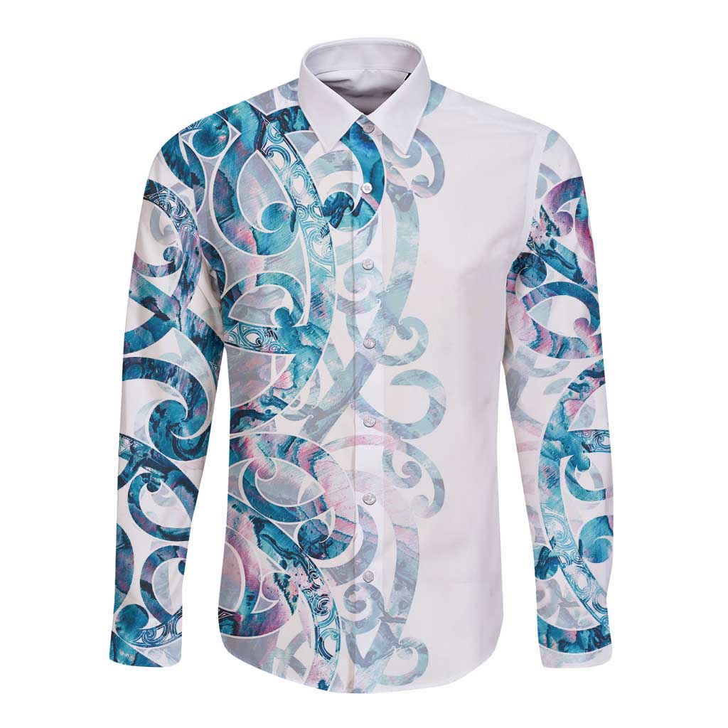 Turquoise Paua Shell Maori Long Sleeve Button Shirt Koru Kowhaiwhai - Aussie Hoodie
