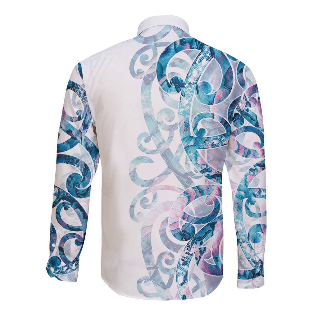 Turquoise Paua Shell Maori Long Sleeve Button Shirt Koru Kowhaiwhai - Aussie Hoodie