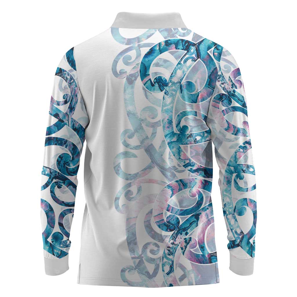 Turquoise Paua Shell Maori Long Sleeve Polo Shirt Koru Kowhaiwhai - Aussie Hoodie