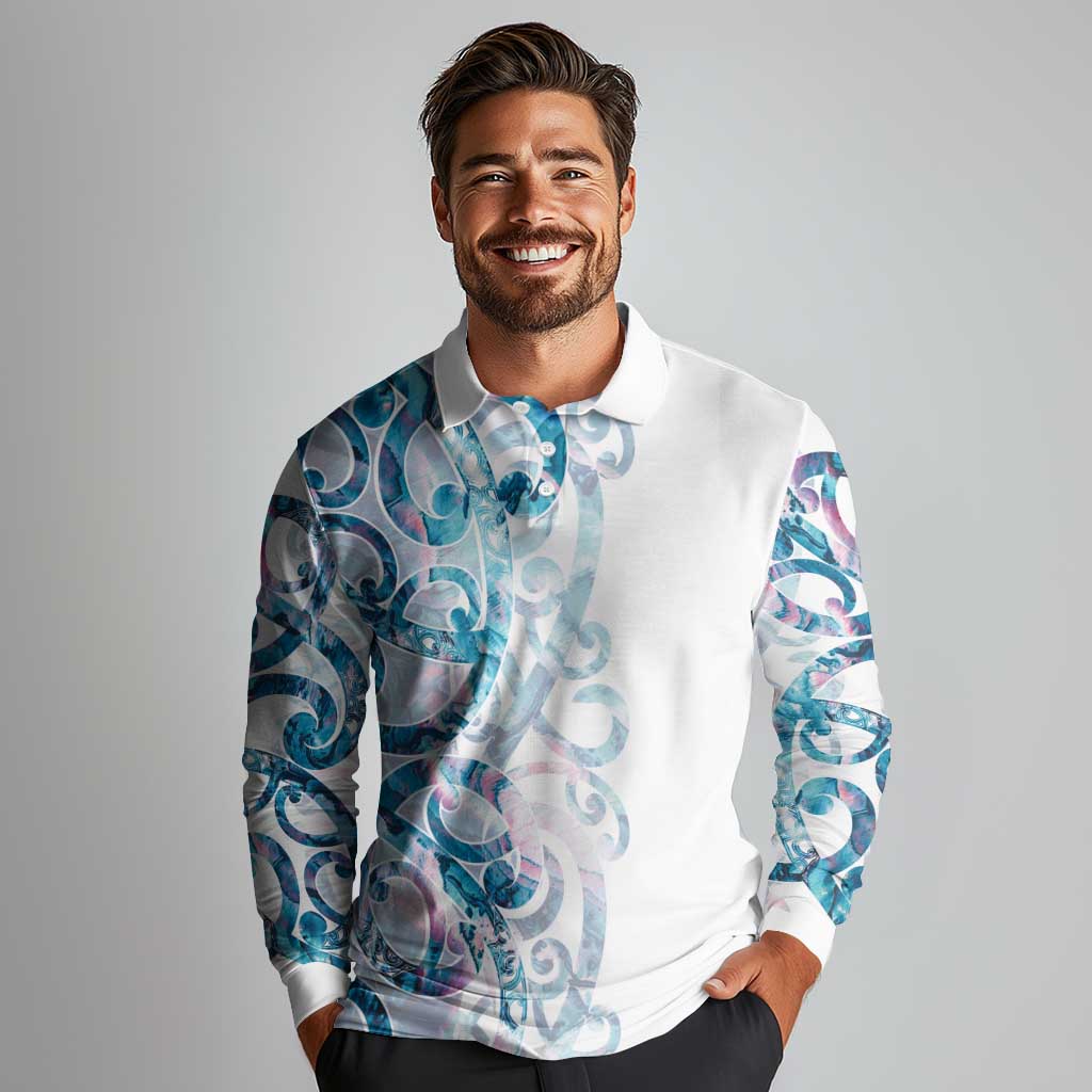 Turquoise Paua Shell Maori Long Sleeve Polo Shirt Koru Kowhaiwhai - Aussie Hoodie