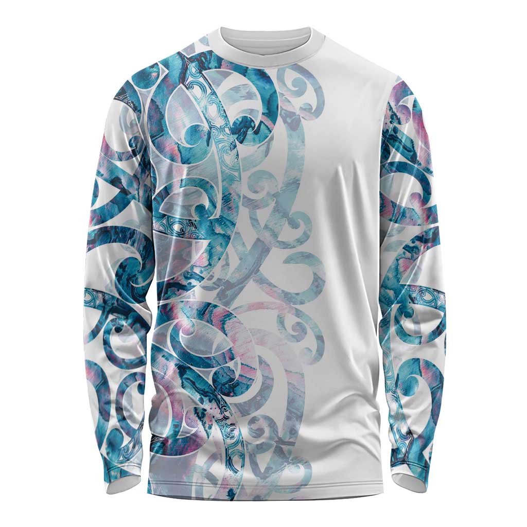 Turquoise Paua Shell Maori Long Sleeve Shirt Koru Kowhaiwhai - Aussie Hoodie