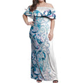 Turquoise Paua Shell Maori Off Shoulder Maxi Dress Koru Kowhaiwhai - Aussie Hoodie