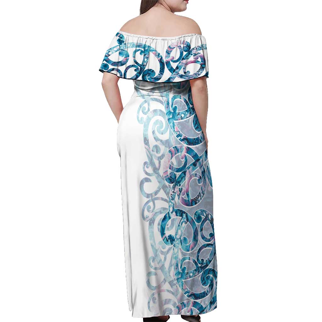 Turquoise Paua Shell Maori Off Shoulder Maxi Dress Koru Kowhaiwhai - Aussie Hoodie