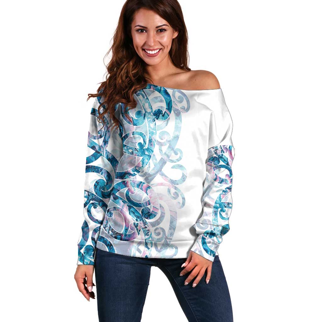 Turquoise Paua Shell Maori Off Shoulder Sweater Koru Kowhaiwhai - Aussie Hoodie