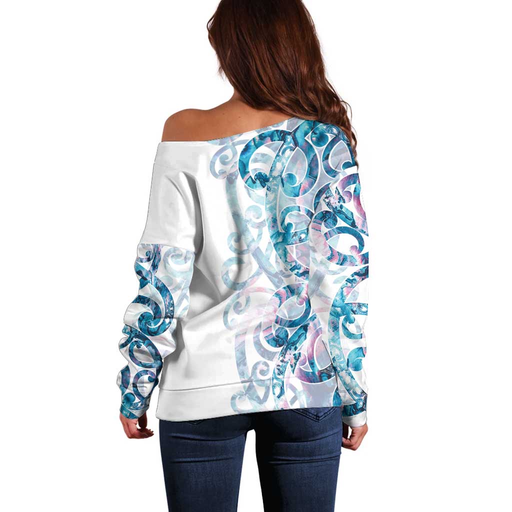 Turquoise Paua Shell Maori Off Shoulder Sweater Koru Kowhaiwhai - Aussie Hoodie
