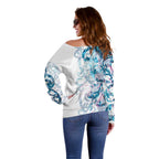 Turquoise Paua Shell Maori Off Shoulder Sweater Koru Kowhaiwhai - Aussie Hoodie