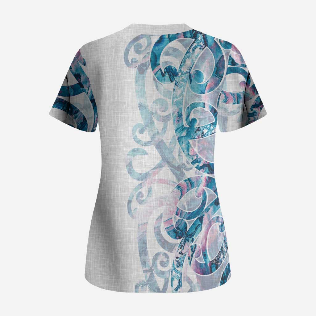 Turquoise Paua Shell Maori Scrub Top Koru Kowhaiwhai - Aussie Hoodie