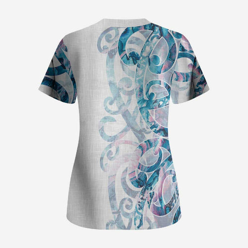Turquoise Paua Shell Maori Scrub Top Koru Kowhaiwhai - Aussie Hoodie