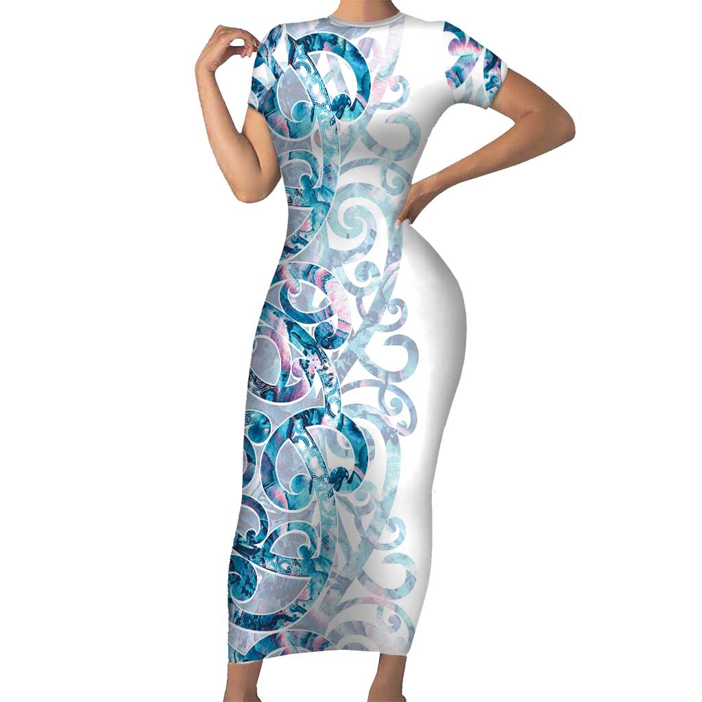 Turquoise Paua Shell Maori Short Sleeve Bodycon Dress Koru Kowhaiwhai - Aussie Hoodie
